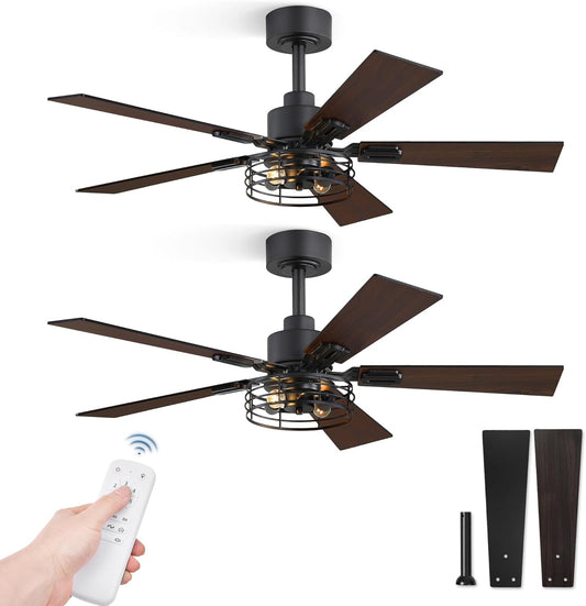 2 Pack Farmhouse 42 Ceiling Fans with Lights, Black Industrial Caged Ceiling Fans for Bedroom Living Room, Double-Sided 5 Blades Rustic Ceiling Fan