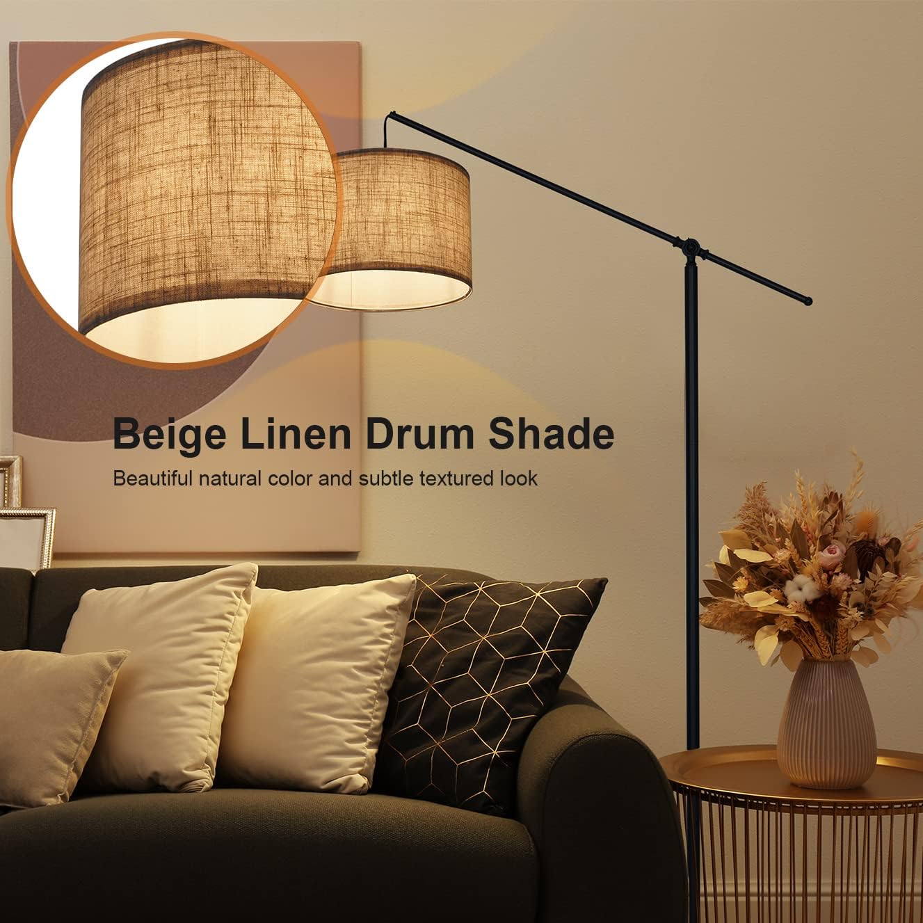 SURAIELEC Arc Floor Lamp, Overhang Cantilever Standing Floor Lamp for Couch, Sofa, Reading, Living Room, Bedroom, Adjustable Balance Arm, Natural Linen Drum Shade, Matt Black Metal Pole, Foot Switch