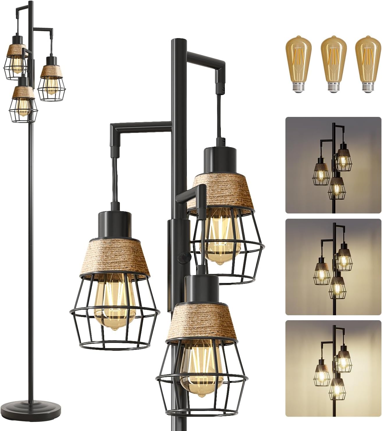 Oneach 70" Industrial Floor Lamp, Stepless Dimmable Standing Lamp with 3 Bulbs, Farmhouse Corner Standing Tree Lamp for Living Room, Tall Lamps for Bedroom, Office, Study Room, Dining Room, Black