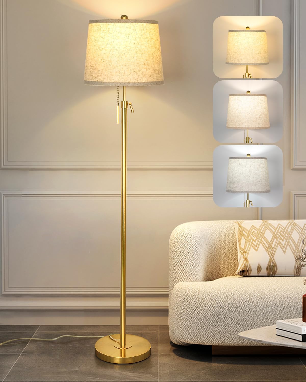 Floor Lamps for Living Room, Black Floor Lamp Adjustable Height Standing Lamp, Dimmable Modern Tall Floor Lamp for Bedroom Office with Beige Linen Shade, 8W 3000K Bulb Included