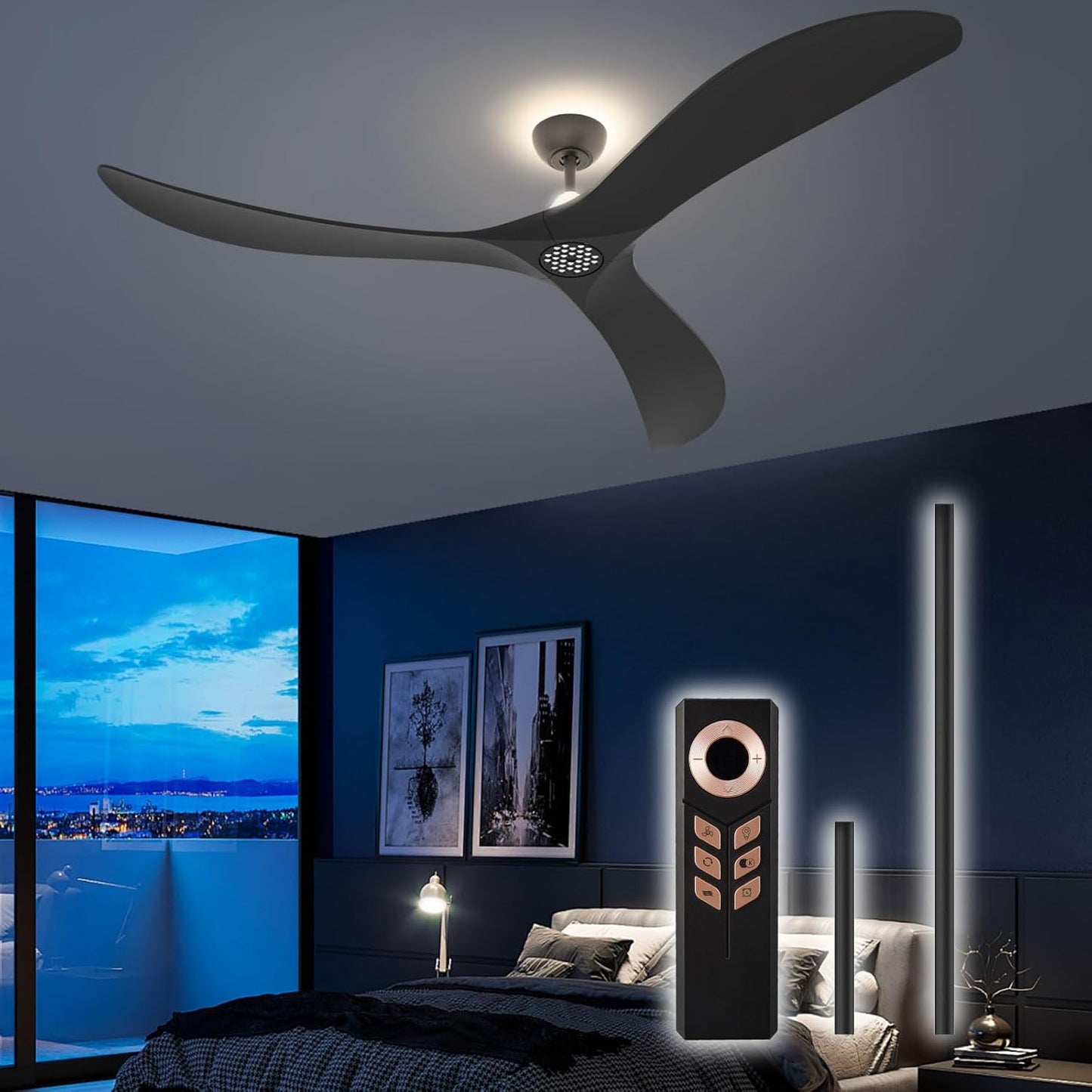 TALOYA 52 Inch Ceiling Fan with Led Light Remote Control Flush Mount Low Profile for Bedroom Farmhouse Patio Outdoor Living Room Kitchen Dining Room,DC Motor,Reversible,Black