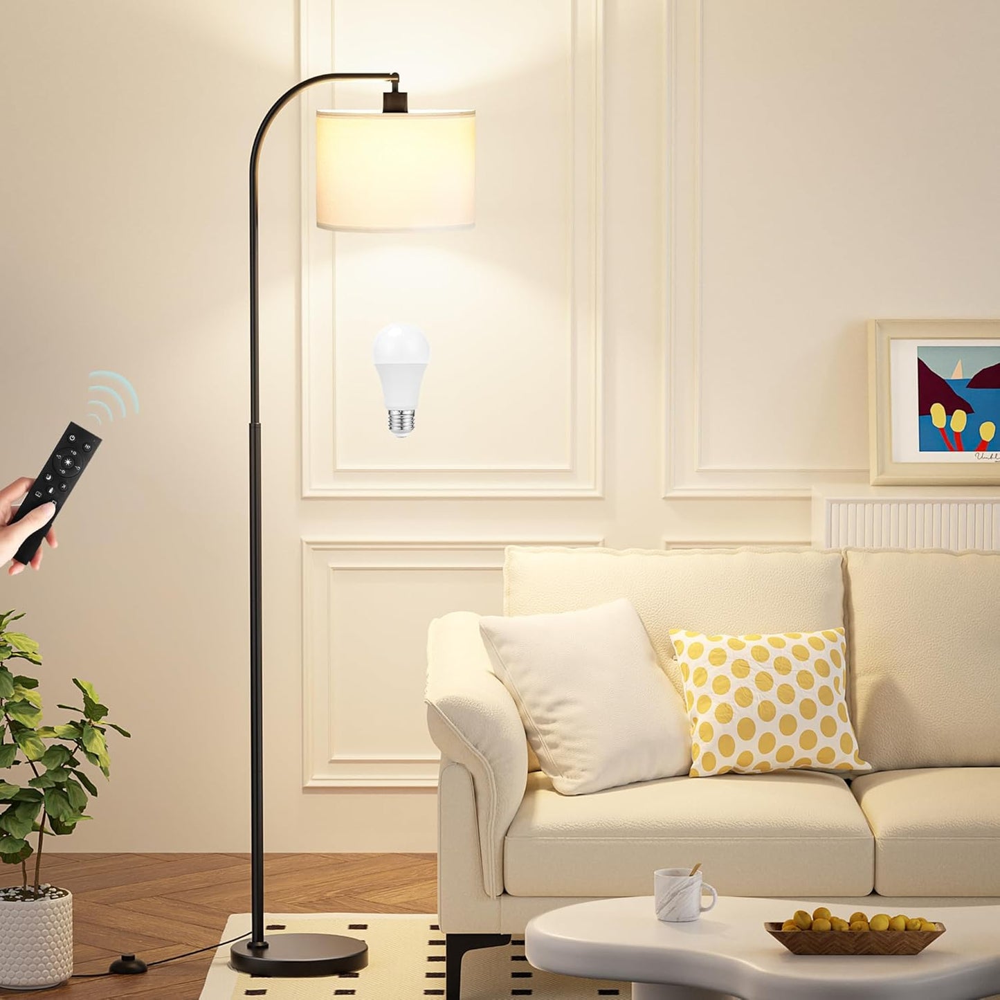 Arc Floor Lamp with Remote and Stepless Dimmable Bulb, Colors Temperature & Brightness Adjustable, Floor Lamps for Living Room（Deep Beige Shade & Black Pole）
