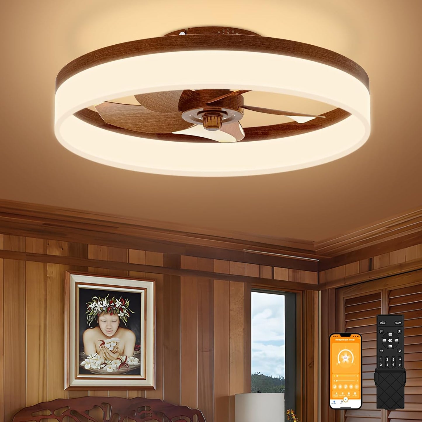 VOLISUN Low Profile Ceiling Fans with Lights and Remote, 19.7in Fandelier Ceiling Fan Flush Mount, 3000K-6500K Smart Bladeless LED Fan Light, White Modern Ceiling Fans with Lights for Bedroom