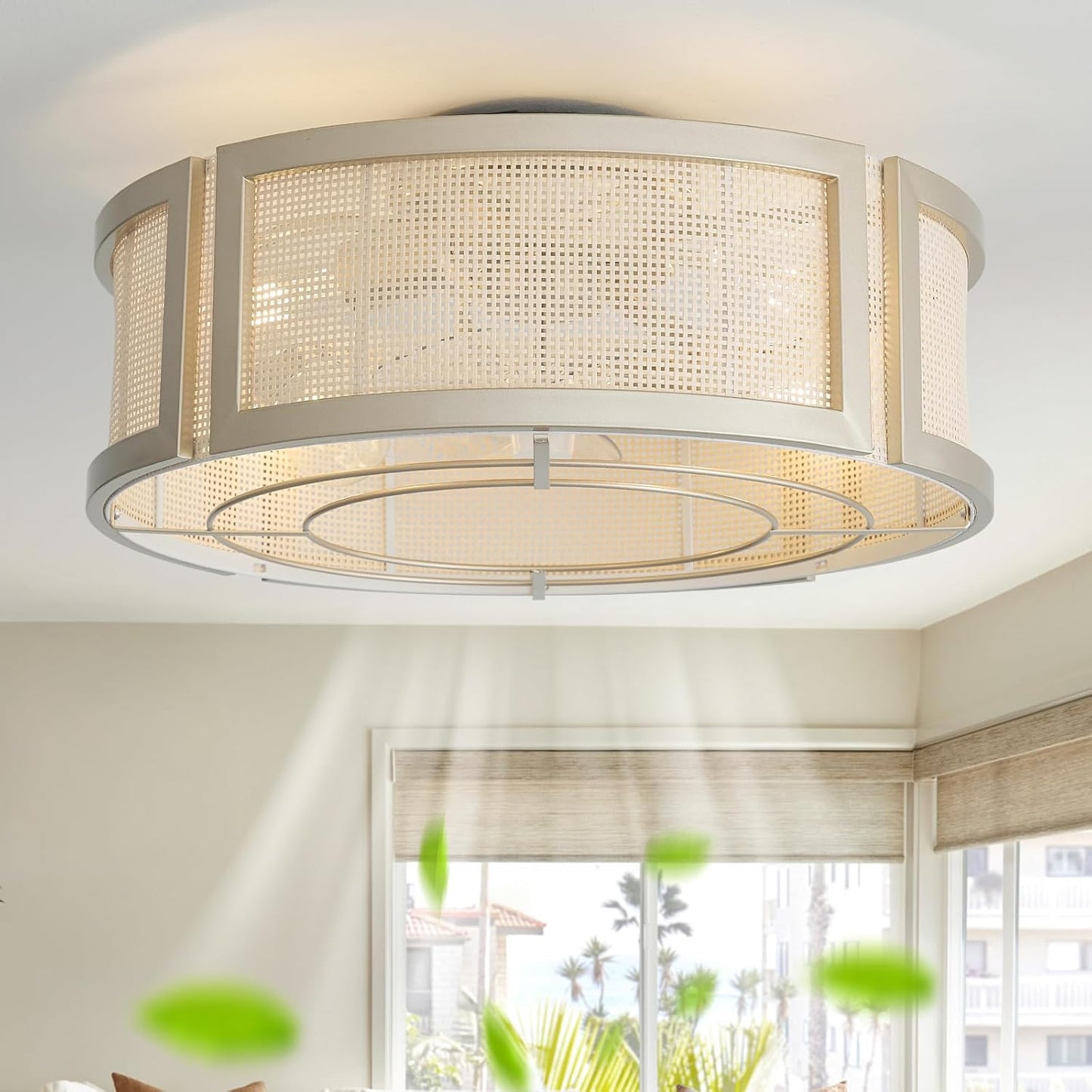 20" Boho Ceiling Fans with Lights, Rattan Flush Mount Ceiling Fan with Light Remote Control with Caged 6 Speeds for Bedroom, Nursery, Living Room (White)