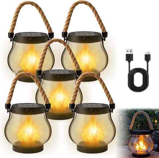 Kaliqo Solar Lantern Outdoor Lights Waterproof,Flickering Flame SolarLantern Waterproof Light,Kaligo Hemp Rope Hanging Flame Lanterns for Garden Yard Decorations (5)