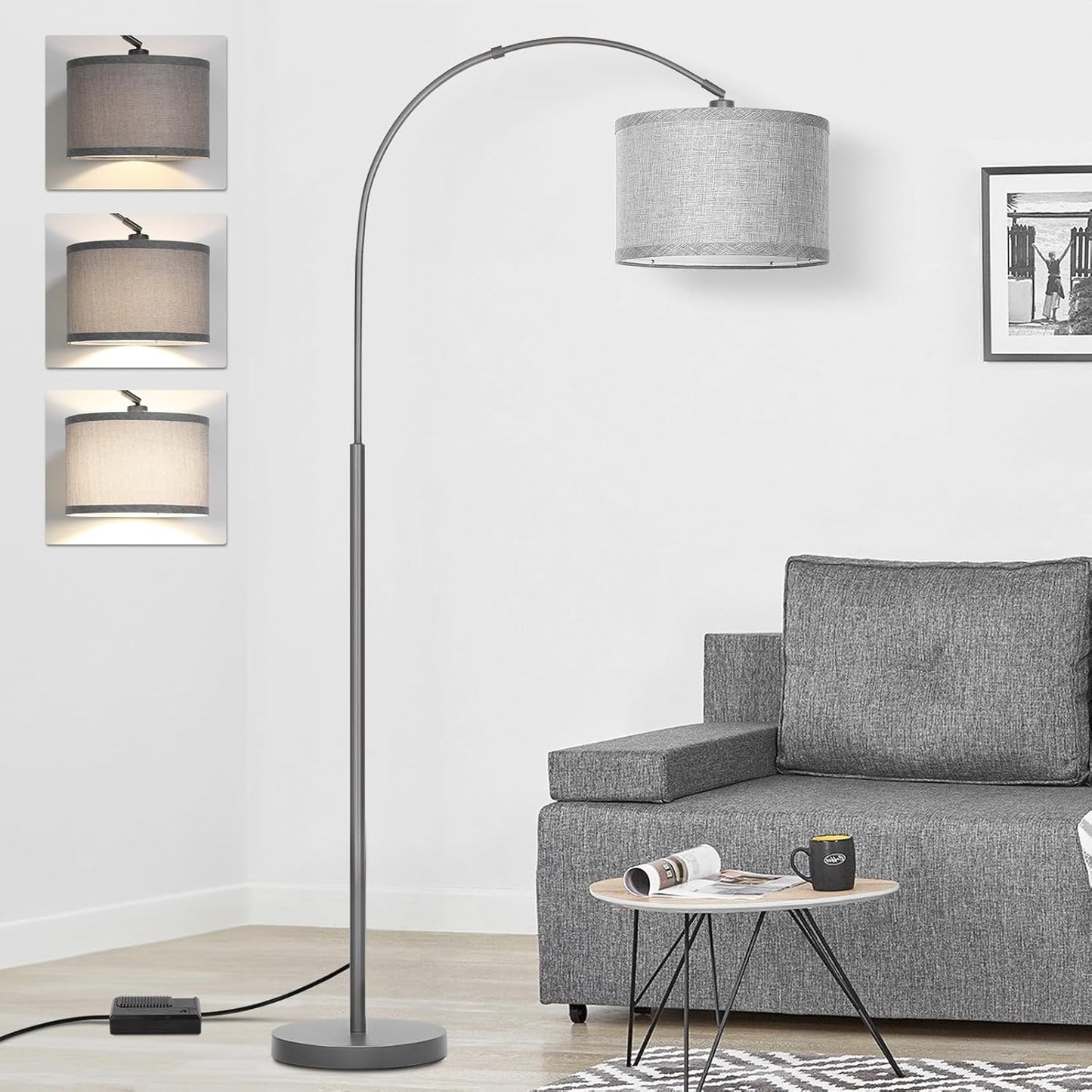 Dimmable Floor Lamp, Arc Floor Lamp with Dimmer, Black Standing Lamp with Adjustable Hanging Shade, Over Couch Tall Reading Light, Modern Pole Lamp for Living Room Bedroom, 9W LED Bulb Included
