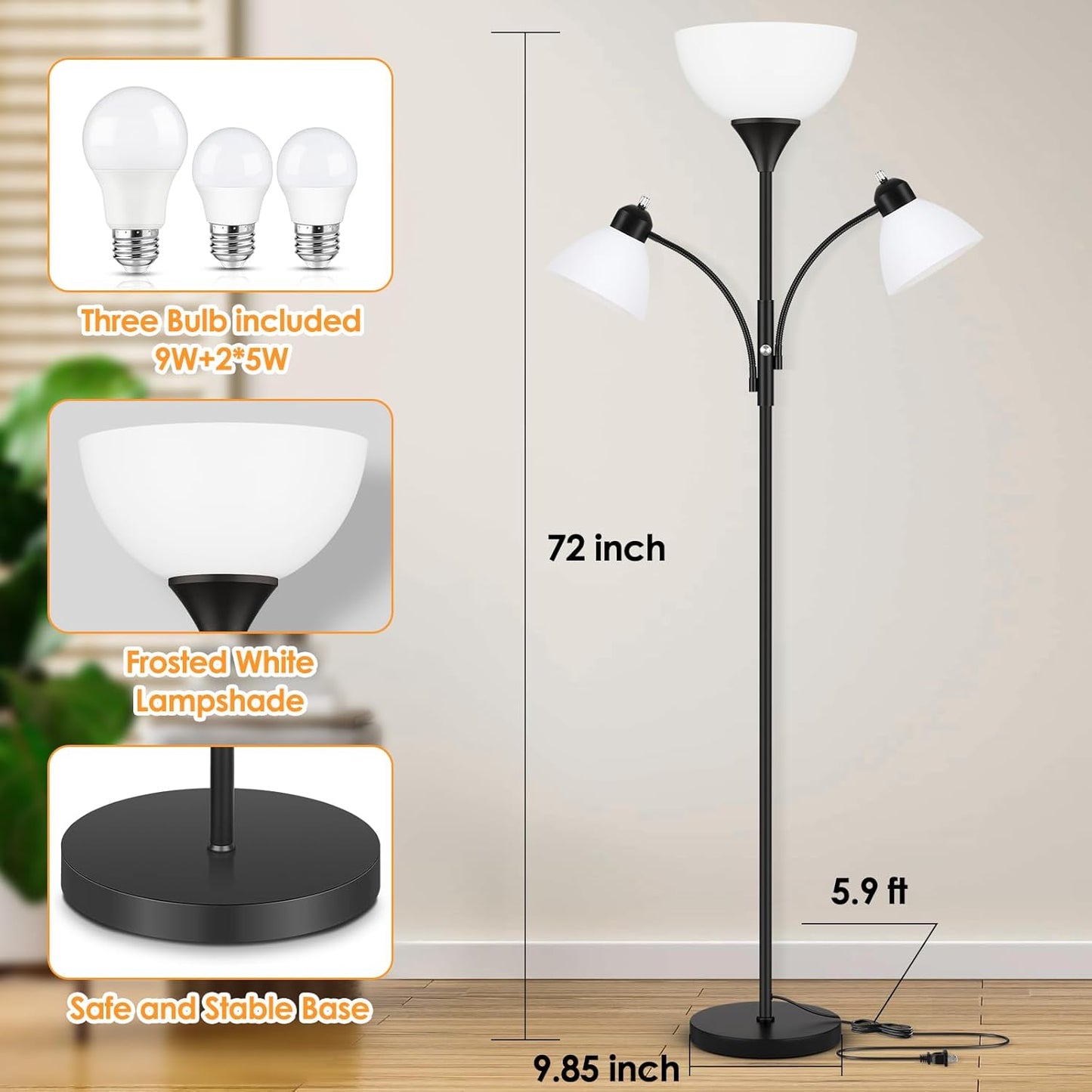 Floor Lamp for Living Room,72" Dimmable Torchiere Lamp with 2 Reading Lights for Bedroom, Black Tall Standing Room Lamp, 3 Bulbs Included