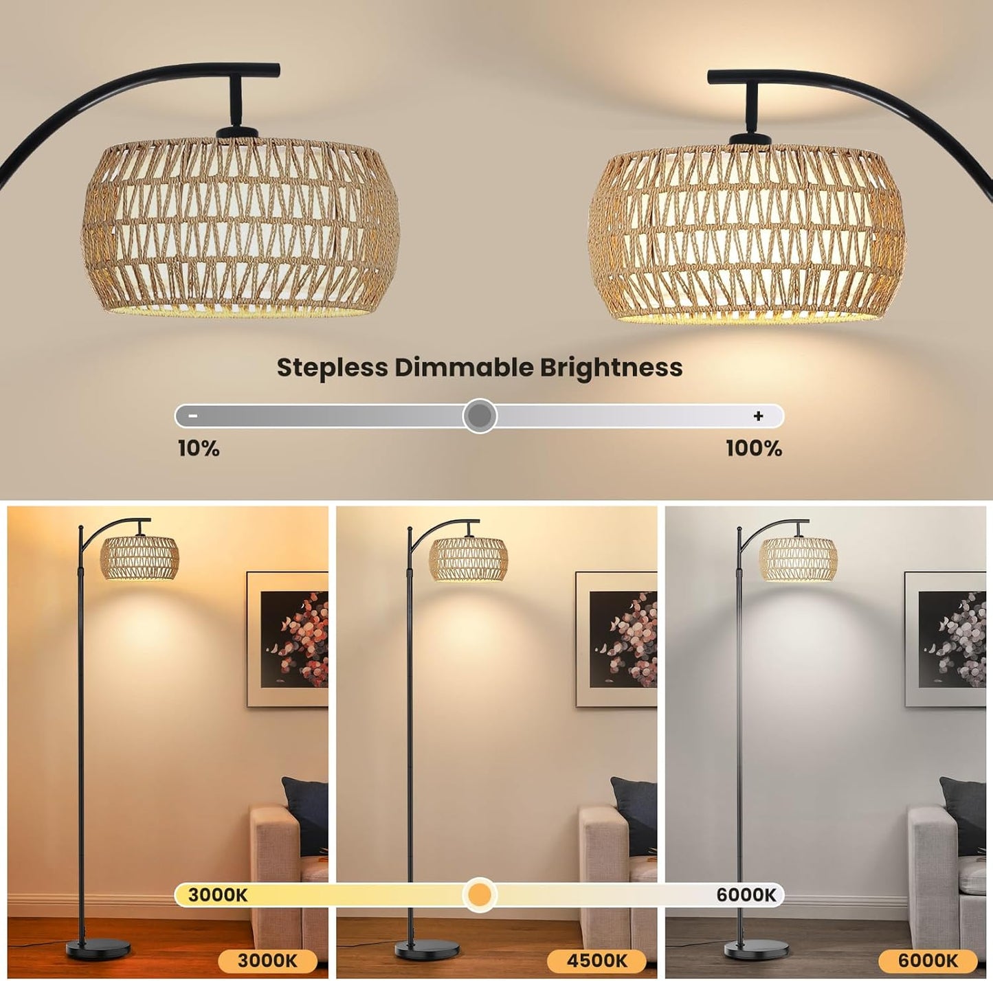 Arc Floor Lamp for Living Room,Farmhouse Floor Lamps with Remote Control & Dimmable Bulb, Boho Rattan Tall Standing Lamp for Bedroom Office