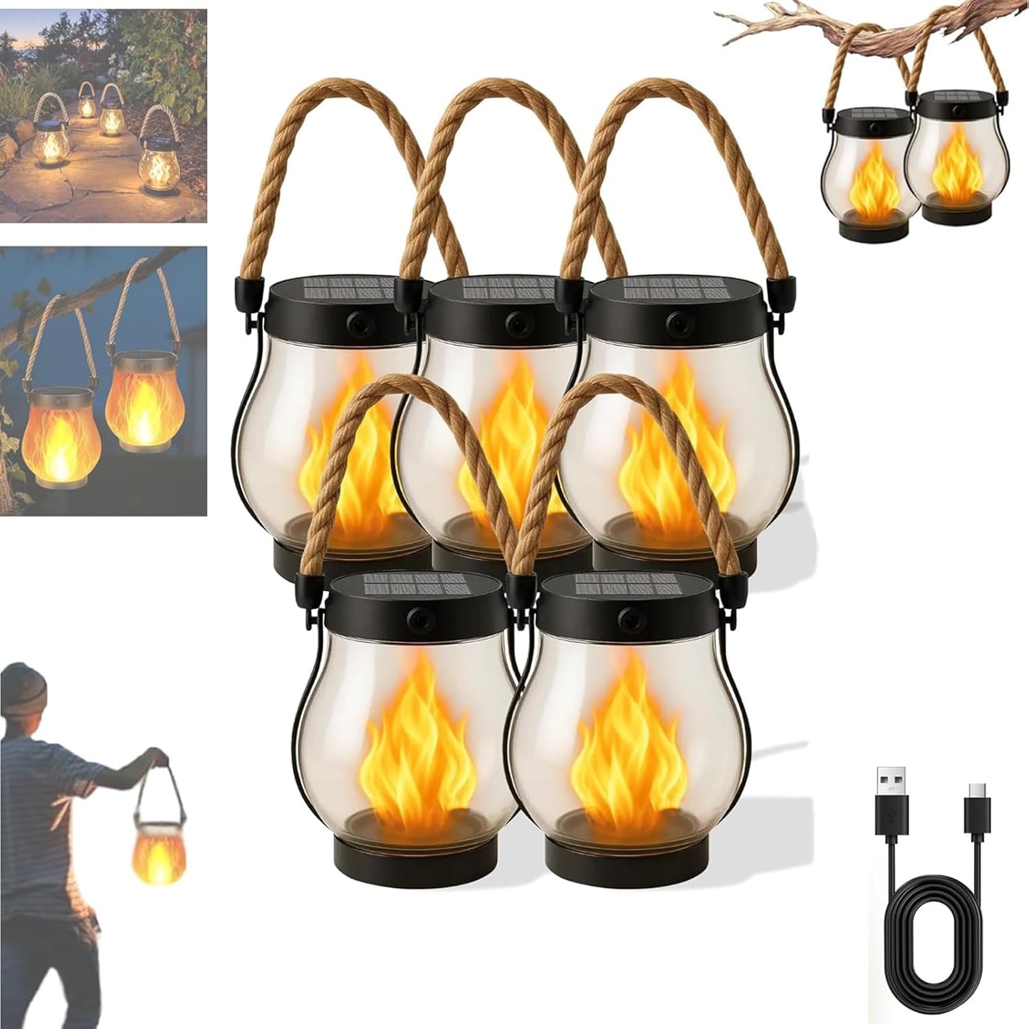 Kaliqo Solar Lantern Outdoor Lights Waterproof, Dancing Flame Solar Lantern Outdoor Lights, Kaligo Hemp Rope Hanging Flame Lanterns for Garden Yard Decorations (5pcs)