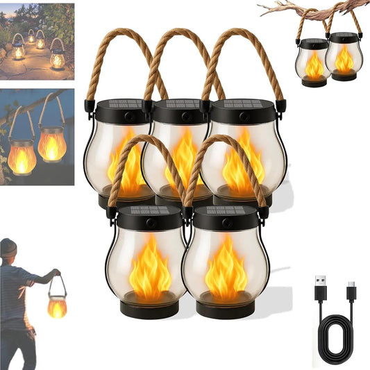Kaliqo Solar Lantern Outdoor Lights Waterproof, Dancing Flame Solar Lantern Outdoor Lights, Kaligo Hemp Rope Hanging Flame Lanterns for Garden Yard Decorations (5pcs)