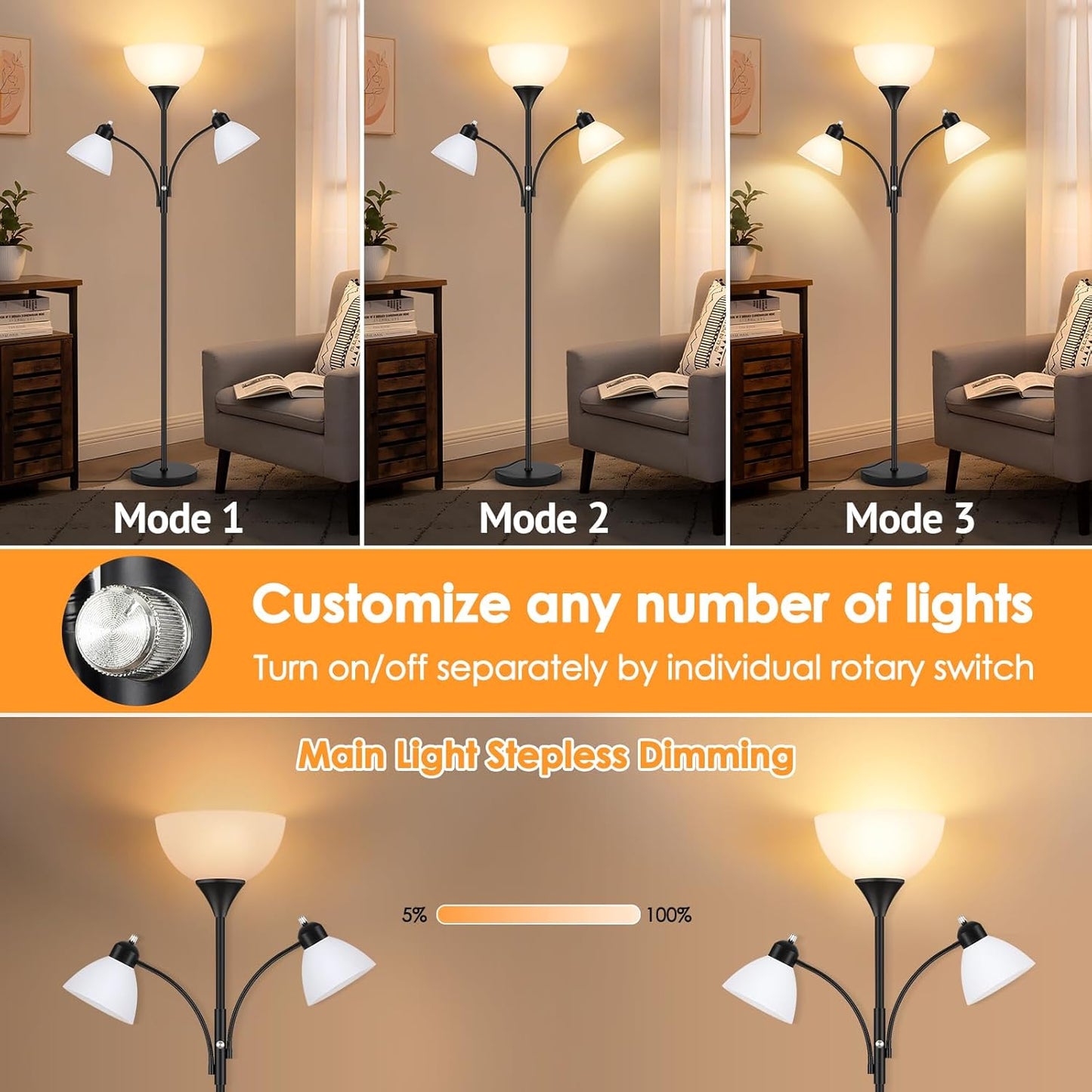 Floor Lamp for Living Room,72" Dimmable Torchiere Lamp with 2 Reading Lights for Bedroom, Black Tall Standing Room Lamp, 3 Bulbs Included