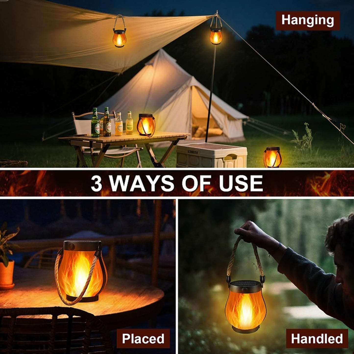 Kaliqo Solar Lantern Outdoor Lights Waterproof,Flickering Flame SolarLantern Waterproof Light,Kaligo Hemp Rope Hanging Flame Lanterns for Garden Yard Decorations (5)