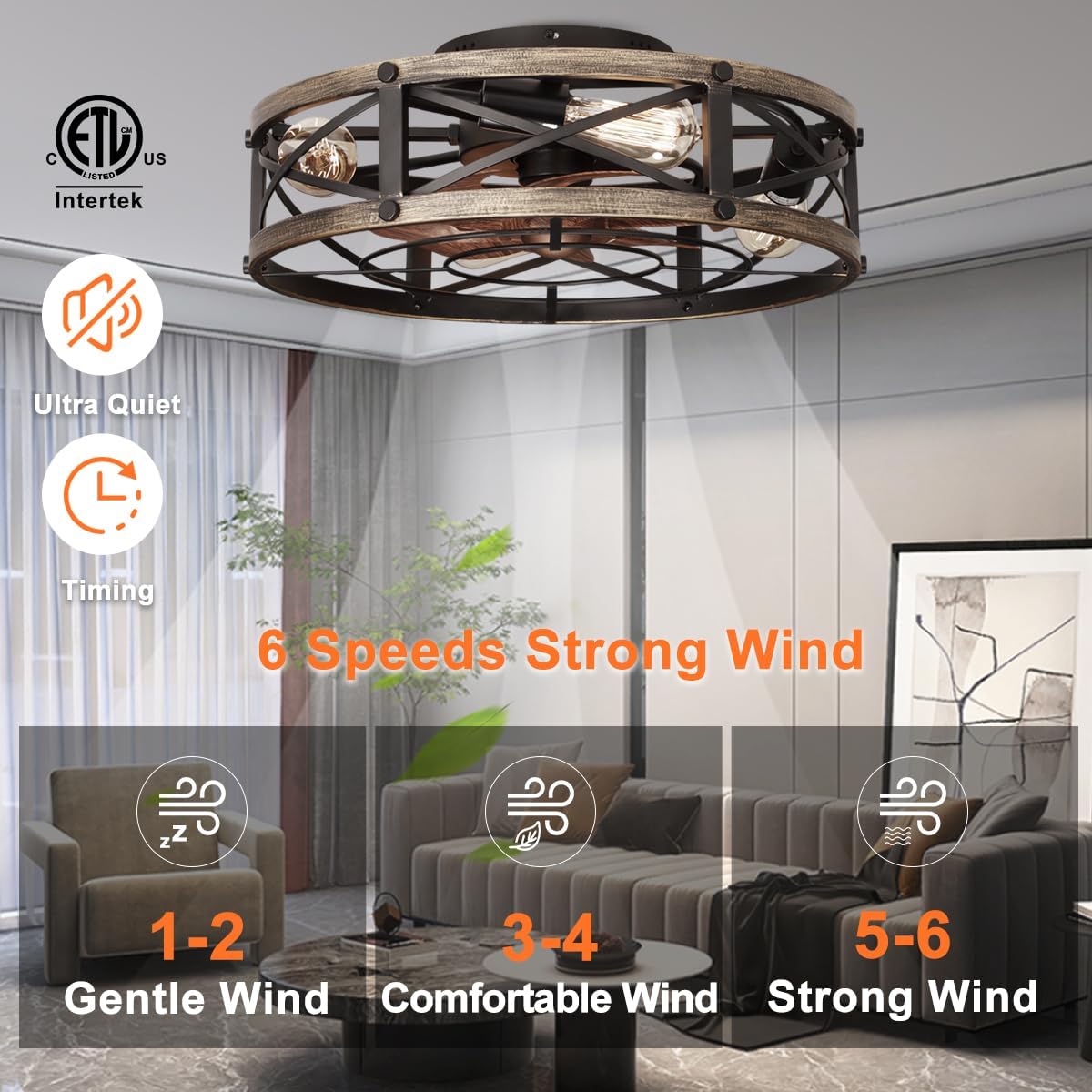 19" Farmhouse Flush Mount Caged Ceiling Fans with Lights, 6 Speeds, Rustic Low Profile Ceiling Fan with Light and Remote, Small Bladeless Ceiling Fans with Lights for Kitchen, Bedroom - ETL