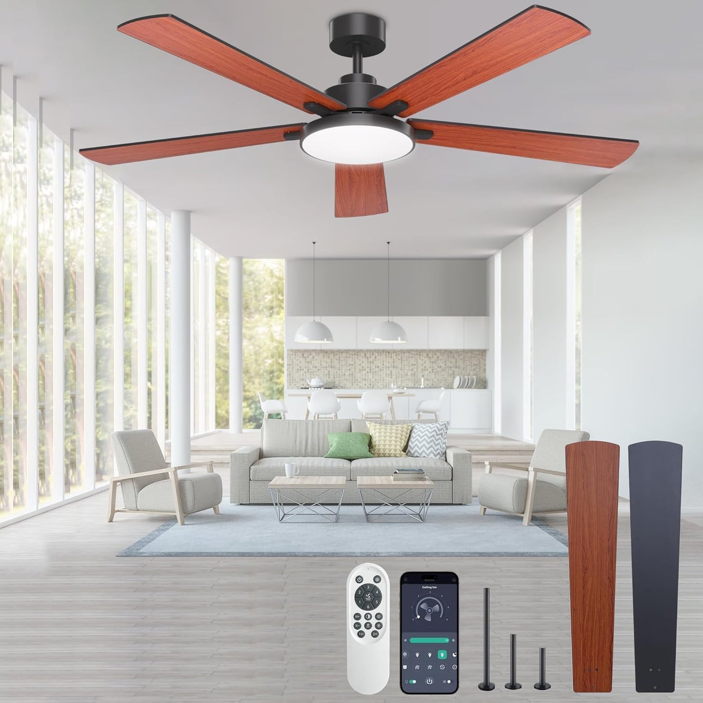 72 inch Ceiling Fans with Lights and Remote Control,Indoor/Outdoor Flush Mount Low Profile Commercial Reversible Dimmable Wood Grain Ceiling Fans for Living Room Patio Industrial Shop.