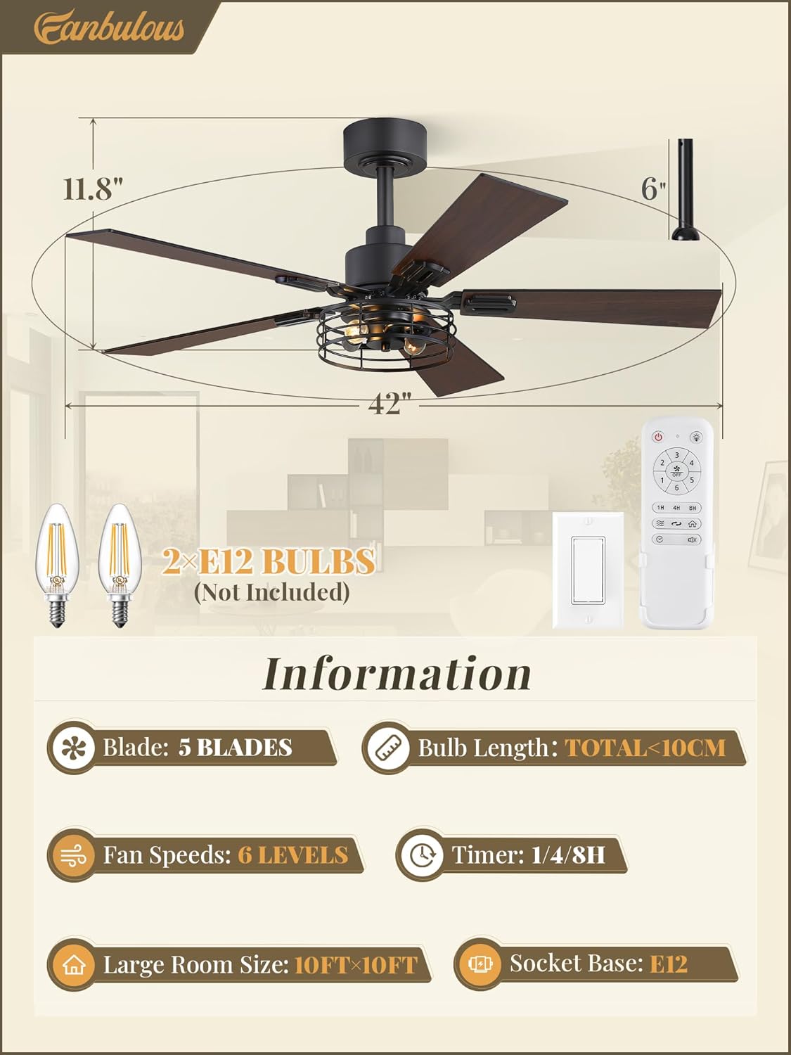 2 Pack Farmhouse 42 Ceiling Fans with Lights, Black Industrial Caged Ceiling Fans for Bedroom Living Room, Double-Sided 5 Blades Rustic Ceiling Fan