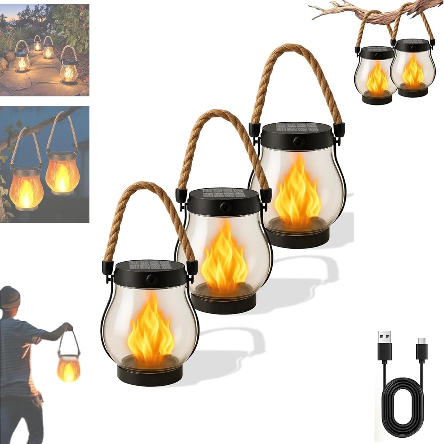 Kaliqo Solar Lantern Outdoor Lights Waterproof, Dancing Flame Solar Lantern Outdoor Lights, Kaligo Hemp Rope Hanging Flame Lanterns for Garden Yard Decorations (5pcs)