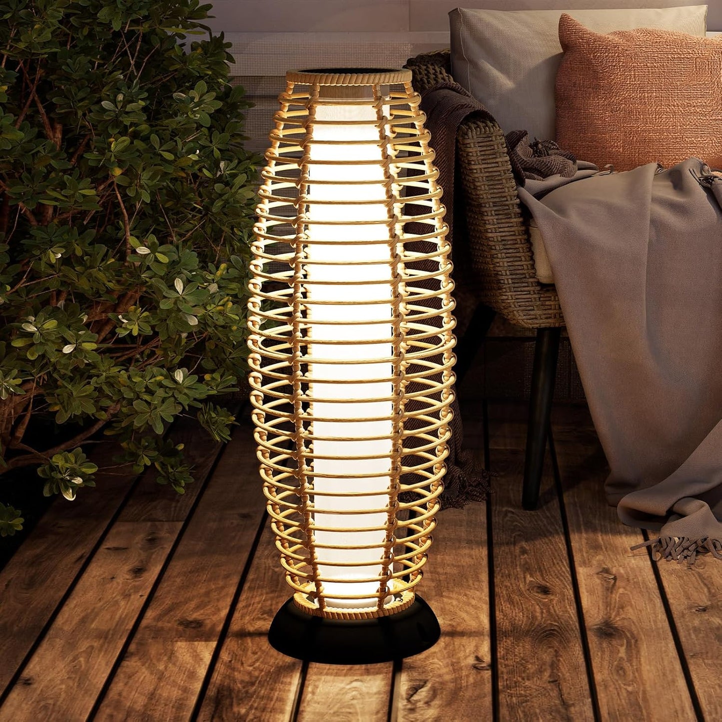 Grand patio 2-Piece Outdoor Solar-Powered Woven Wicker Lantern Floor Lamp Decoration for Deck Garden Lawn Porch - Medium Cindy, Silver Gray