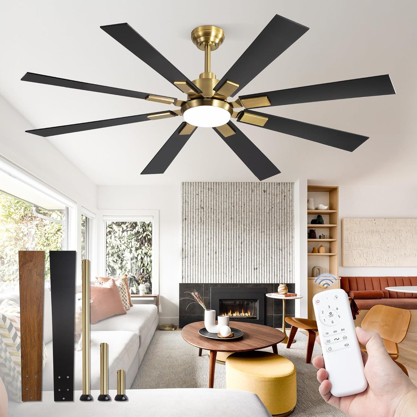 ZMISHIBO 72 inch Large Ceiling Fans with Lights and Remote, Indoor/Outdoor Black Modern Ceiling Fan for Kitchen Living Room Patio, 6 Speed Reversible Quiet DC Motor, 3 CCT, Dual Finish 8 Blades