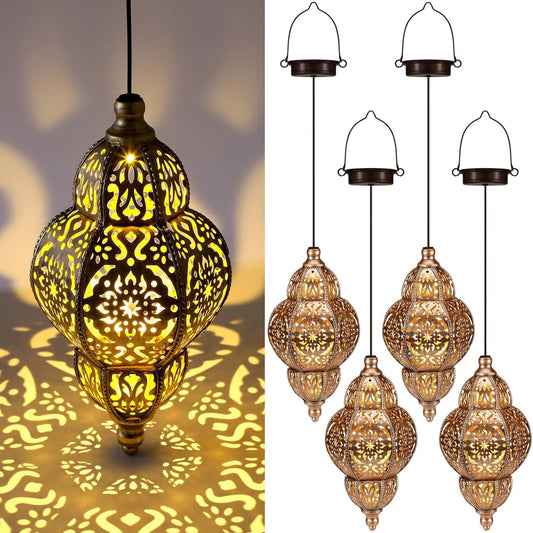 4 Pcs Hanging Solar Lights Moroccan Outdoor Decor Solar Lantern Waterproof Metal Moroccan Hanging Decorations for Patio Pathway Yard Porch Backyard Garden Decor, Bronze(Classic Color)