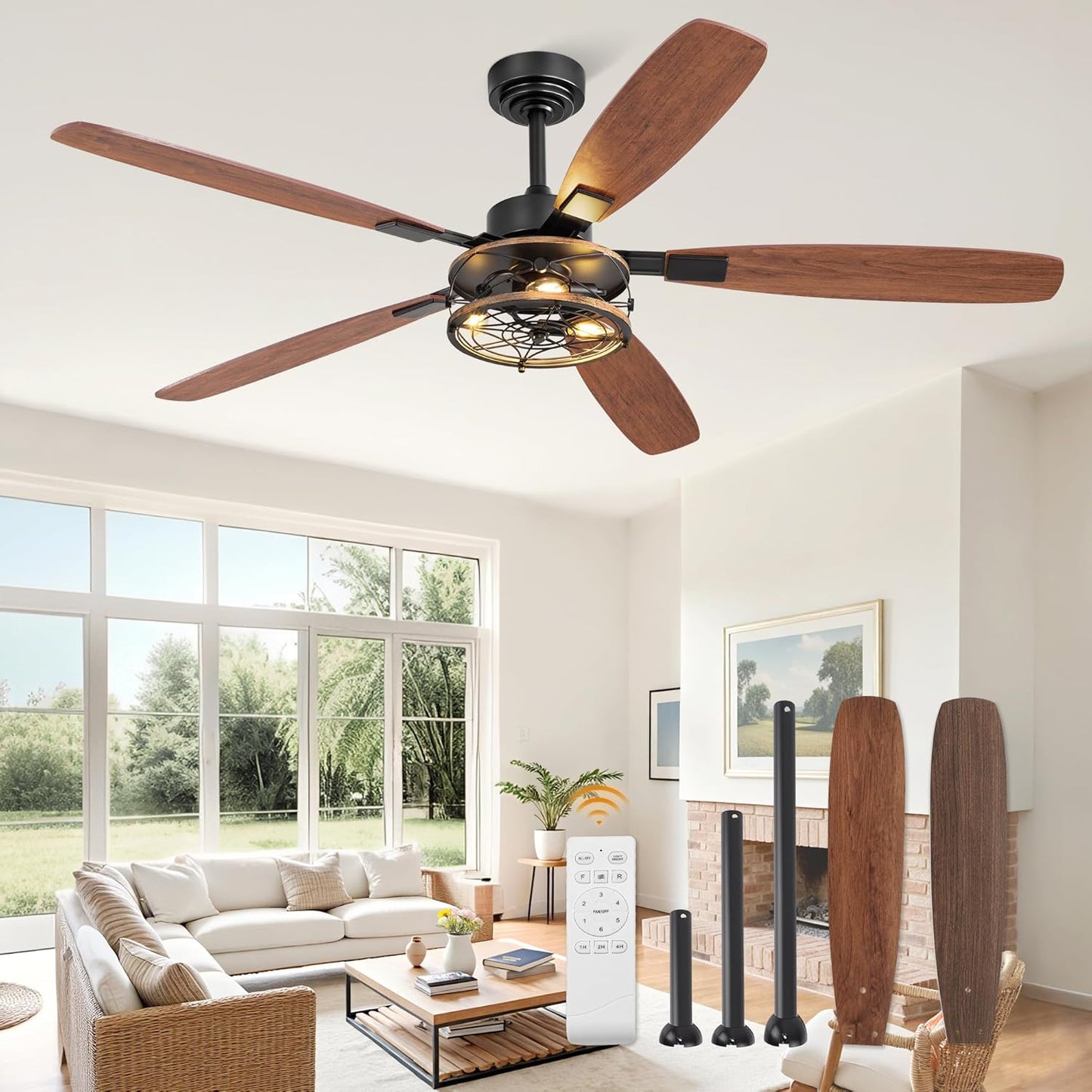 52 Inch Farmhouse Ceiling Fan with Light and Remote, Black Industrial Caged Flush Mount Ceiling Fans with 6 Speed Reversible Motor and Dual Finish 5 Blades, Rustic Ceiling Fan for Living room, Bedroom