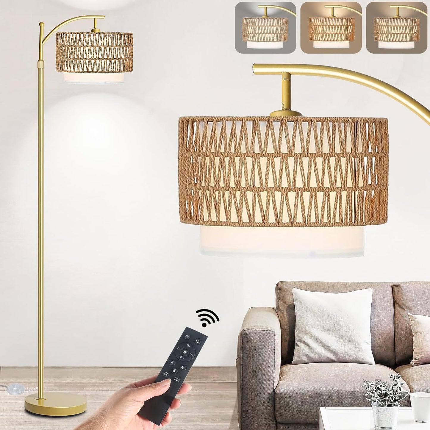 Arc Floor Lamp for Living Room,Farmhouse Floor Lamps with Remote Control & Dimmable Bulb, Boho Rattan Tall Standing Lamp for Bedroom Office