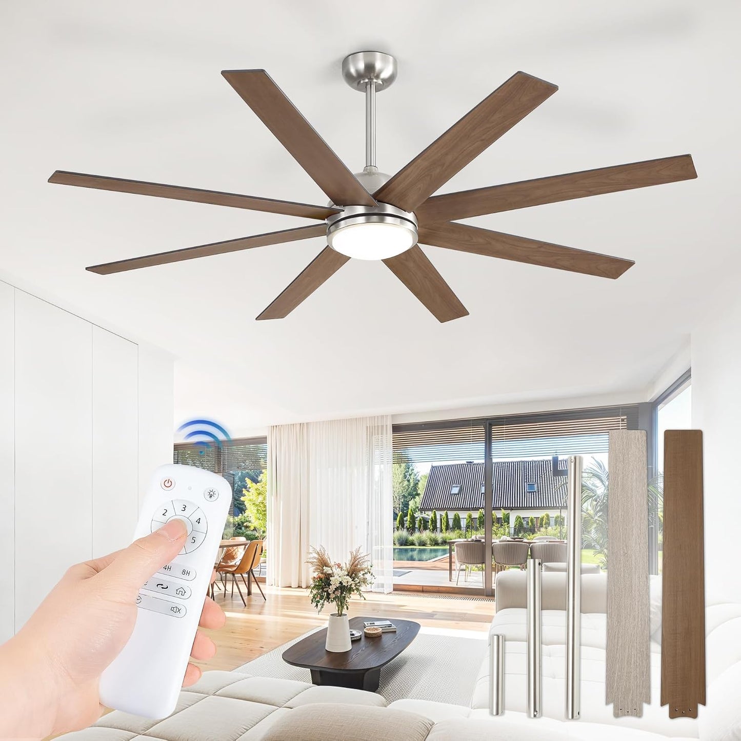 65 Inch Ceiling Fans with Lights and Remote, Black Indoor/Outdoor Ceiling Fan with Quiet Reversible DC Motor, 6 Speeds, 3CCT, 8 Blades Large Ceiling Fan for Living Room Bedroom Patio
