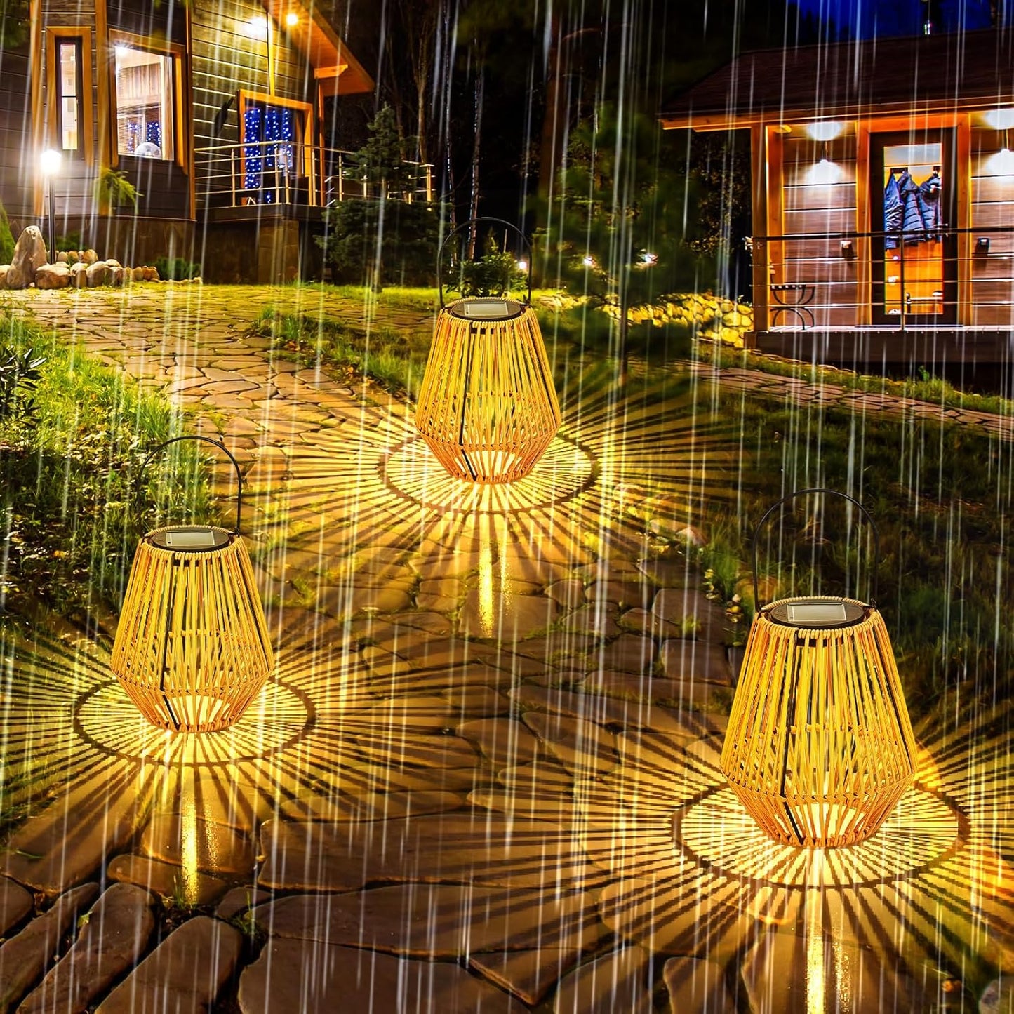 VIHOSE 6 Pack Solar Lanterns, Rattan Hanging Solar Lights with Handle Outdoor Waterproof, Outdoor Lamp Lights Decoration for Patio Porch Garden Pathway Yard Trees Lawn