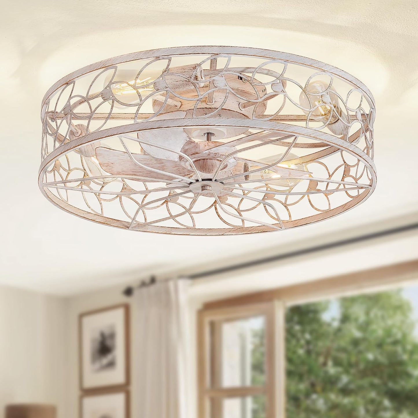 LEDIARY Caged Ceiling Fans with Lights, White Flush Mount Ceiling Fan with Remote, Small Low Profile Bladeless Ceiling Fan Light Fixture for Bedroom, Kitchen, Dining Room-White Gold Color