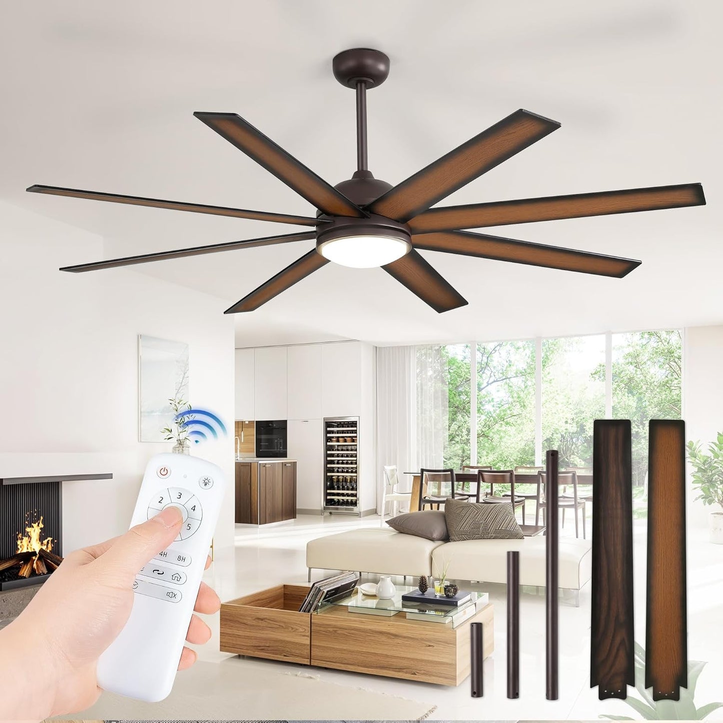 65 Inch Ceiling Fans with Lights and Remote, Black Indoor/Outdoor Ceiling Fan with Quiet Reversible DC Motor, 6 Speeds, 3CCT, 8 Blades Large Ceiling Fan for Living Room Bedroom Patio