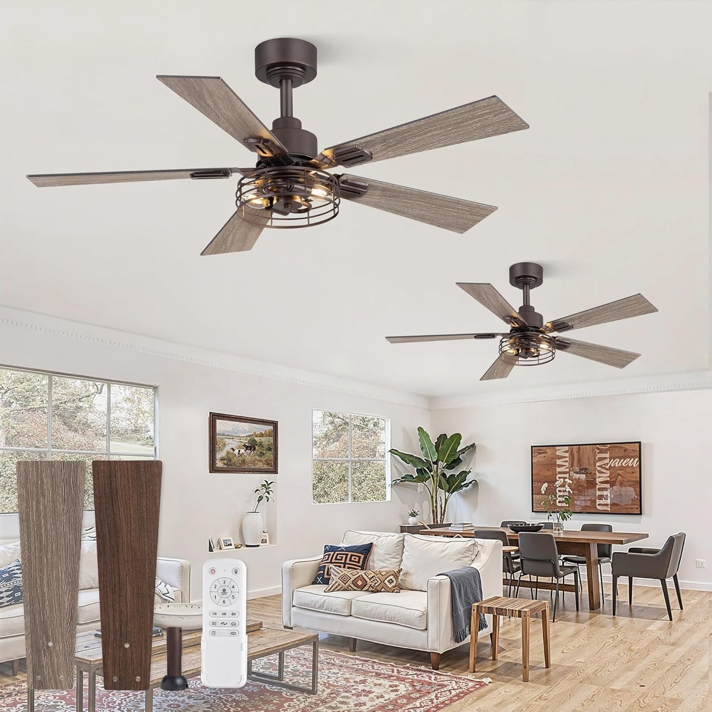 2 Pack Farmhouse 42 Ceiling Fans with Lights, Black Industrial Caged Ceiling Fans for Bedroom Living Room, Double-Sided 5 Blades Rustic Ceiling Fan