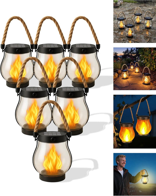 Kaliqo – Kaliqo Solar Lantern Outdoor Lights Waterproof, Dancing Flame Solar Lantern Outdoor Lights, Kaligo Hemp Rope Hanging Flame Lanterns for Garden Yard Decorations (6Pcs)