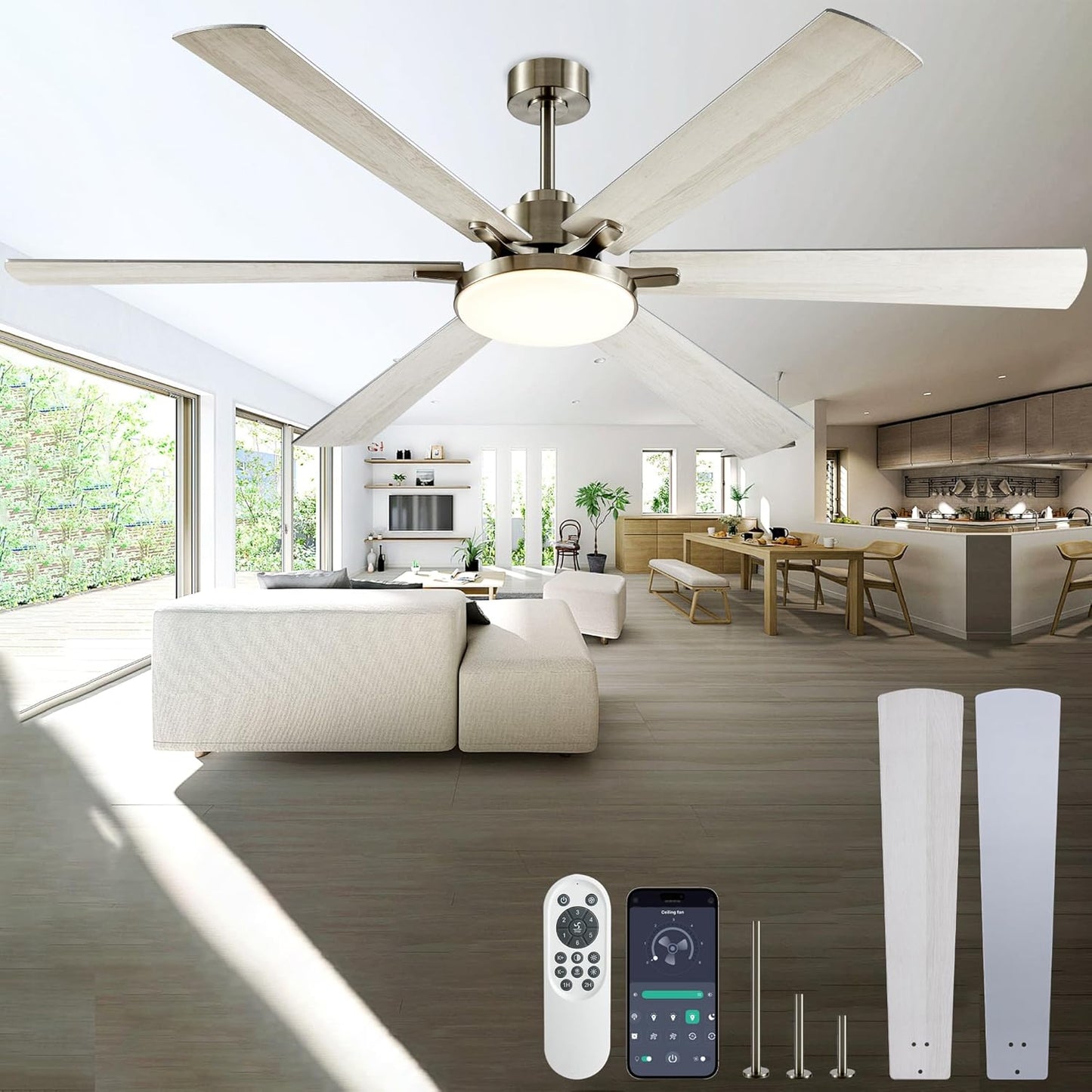 72 inch Ceiling Fans with Lights and Remote Control,Indoor/Outdoor Flush Mount Low Profile Commercial Reversible Dimmable Wood Grain Ceiling Fans for Living Room Patio Industrial Shop.