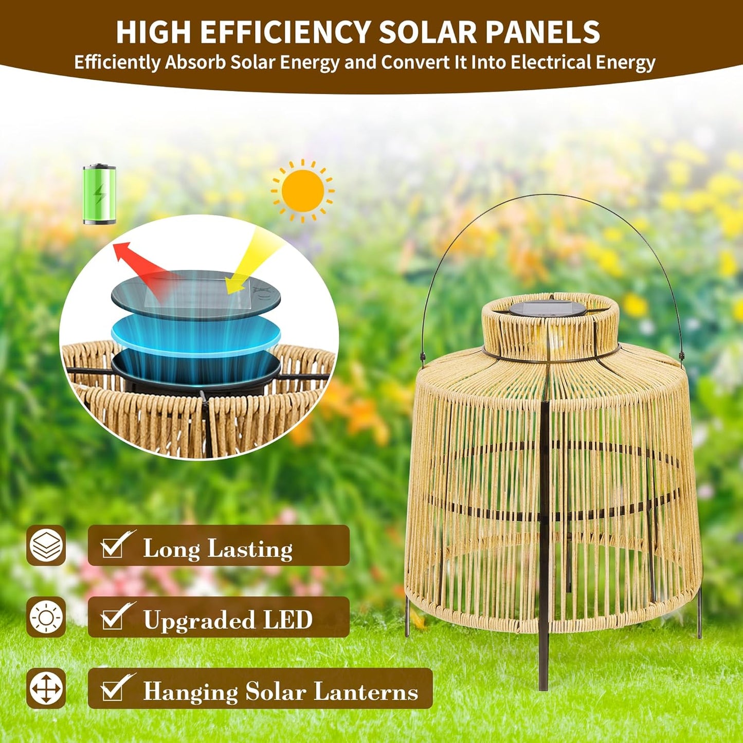HPC Decor 2 PK Large Outdoor Waterproof Rattan Lanterns - Hanging Decoration for Garden, Patio, Porch, Trees, Pathway.