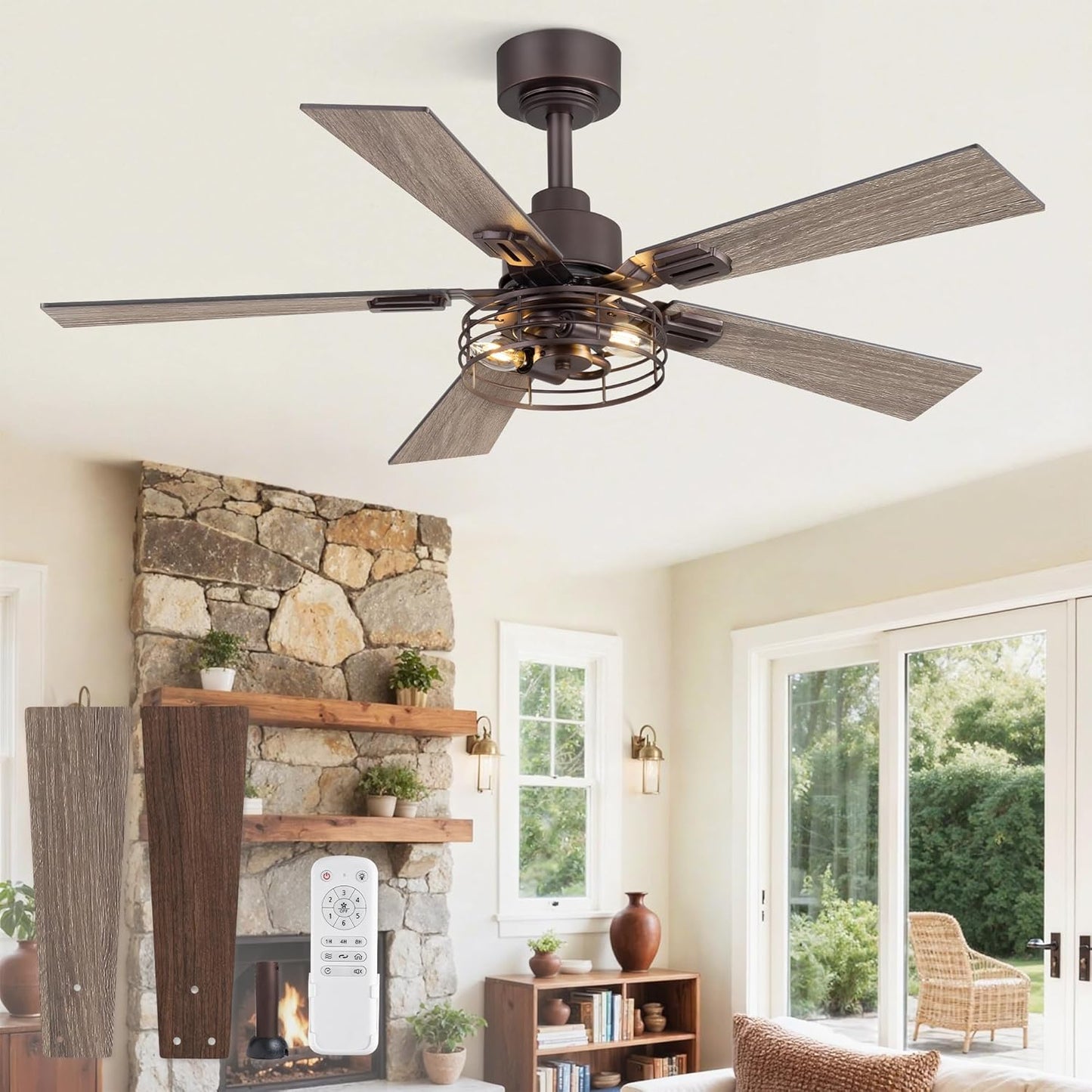 2 Pack Farmhouse 42 Ceiling Fans with Lights, Black Industrial Caged Ceiling Fans for Bedroom Living Room, Double-Sided 5 Blades Rustic Ceiling Fan