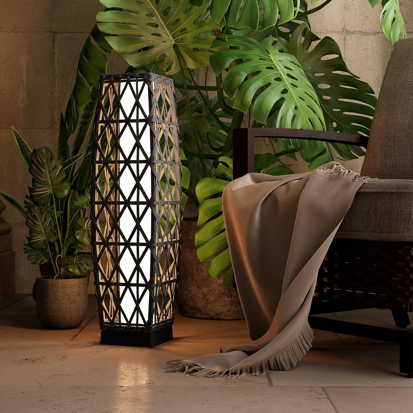 Grand patio 2-Piece Outdoor Solar-Powered Woven Wicker Lantern Floor Lamp Decoration for Deck Garden Lawn Porch - Medium Cindy, Silver Gray