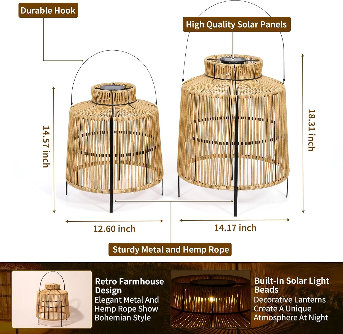 HPC Decor 2 PK Large Outdoor Waterproof Rattan Lanterns - Hanging Decoration for Garden, Patio, Porch, Trees, Pathway.