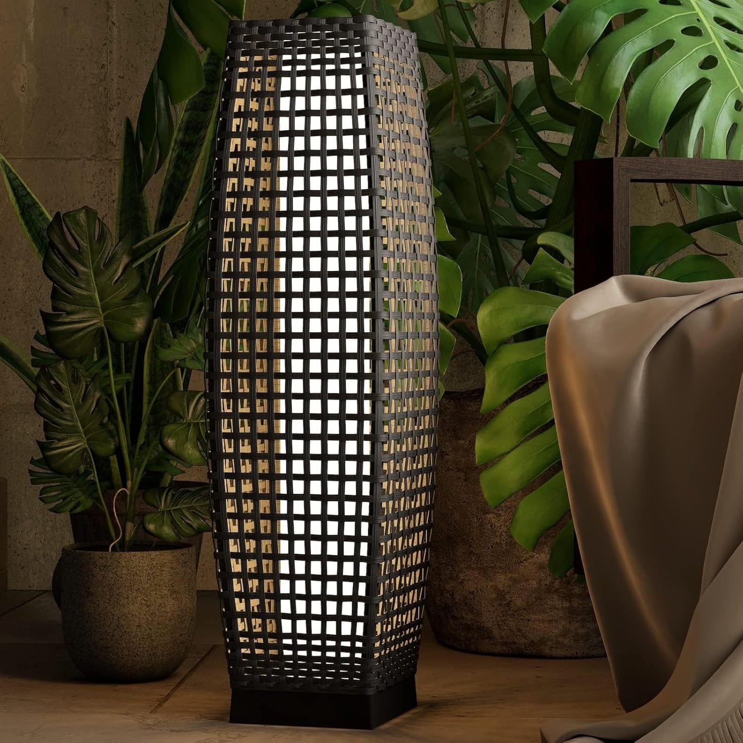 Grand patio 2-Piece Outdoor Solar-Powered Woven Wicker Lantern Floor Lamp Decoration for Deck Garden Lawn Porch - Medium Cindy, Silver Gray