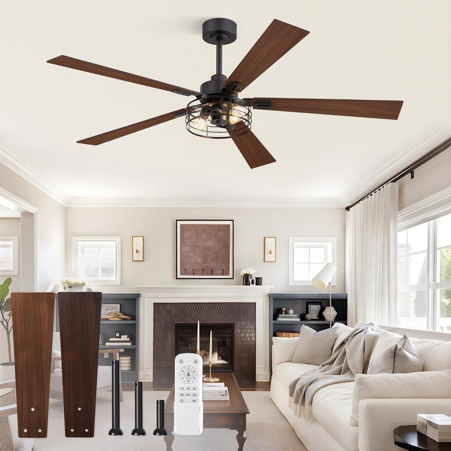 2 Pack Farmhouse 42 Ceiling Fans with Lights, Black Industrial Caged Ceiling Fans for Bedroom Living Room, Double-Sided 5 Blades Rustic Ceiling Fan