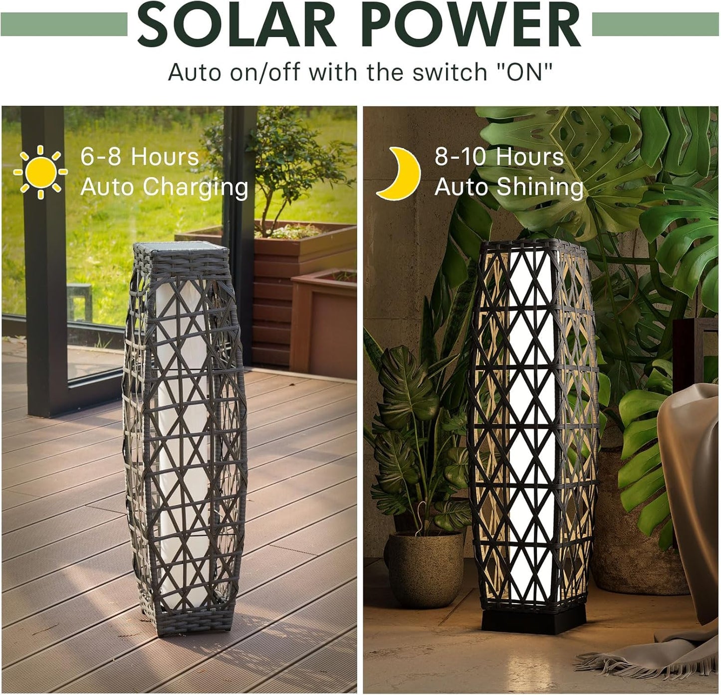 Grand patio 2-Piece Outdoor Solar-Powered Woven Wicker Lantern Floor Lamp Decoration for Deck Garden Lawn Porch - Medium Cindy, Silver Gray