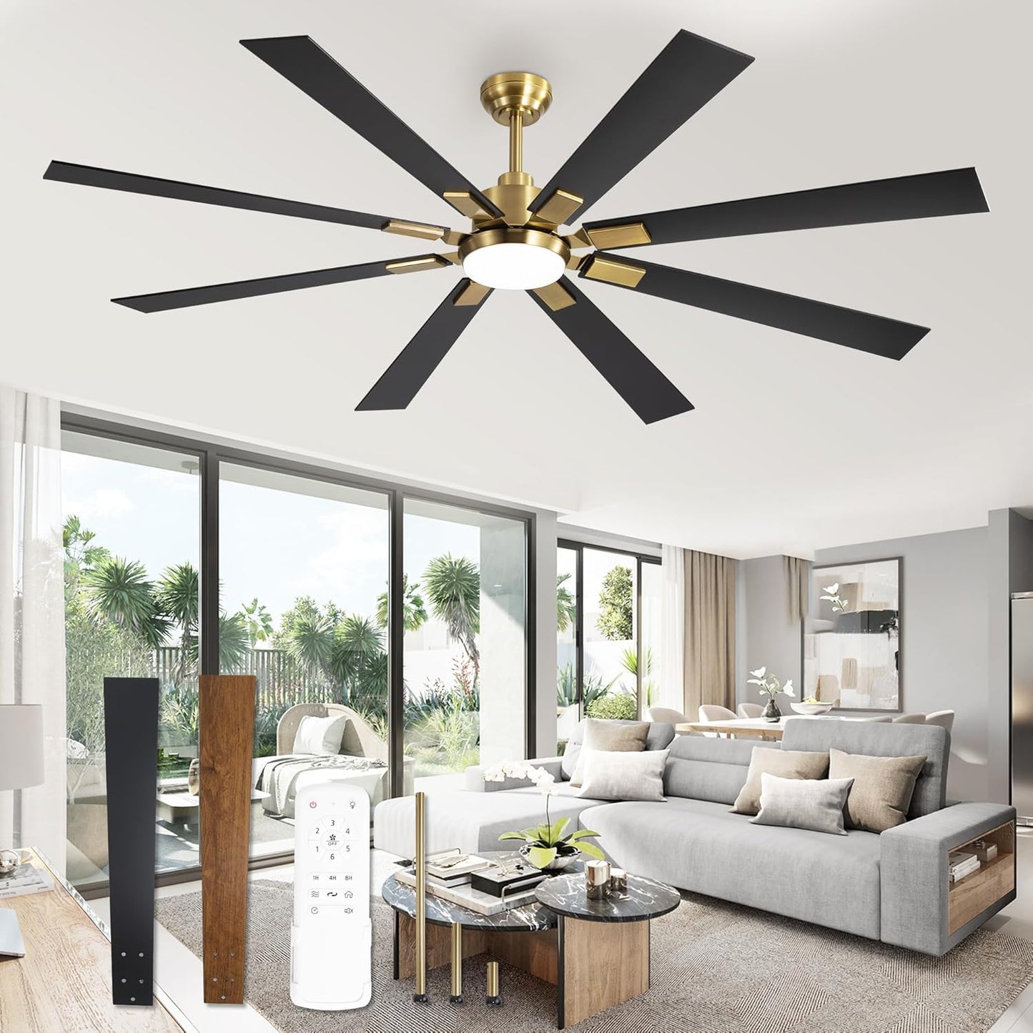 ZMISHIBO 72 inch Large Ceiling Fans with Lights and Remote, Indoor/Outdoor Black Modern Ceiling Fan for Kitchen Living Room Patio, 6 Speed Reversible Quiet DC Motor, 3 CCT, Dual Finish 8 Blades