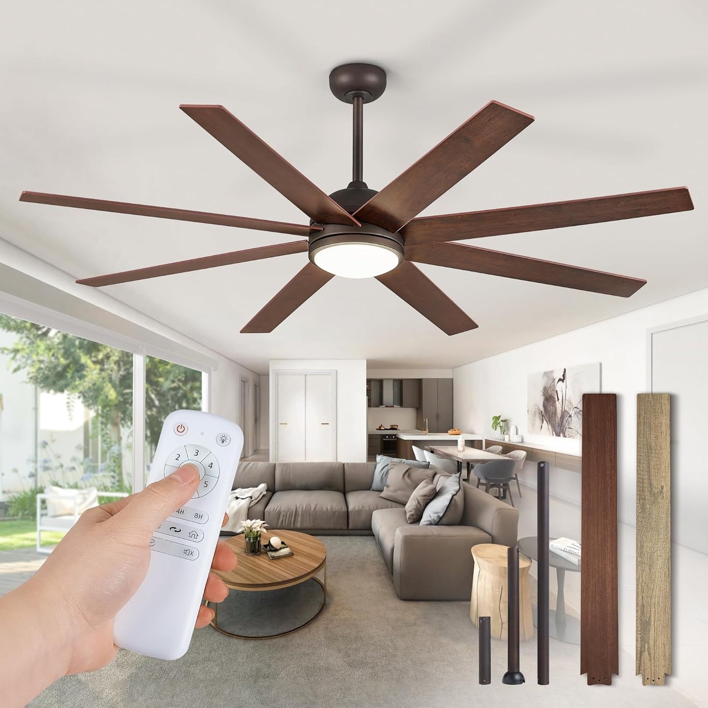 65 Inch Ceiling Fans with Lights and Remote, Black Indoor/Outdoor Ceiling Fan with Quiet Reversible DC Motor, 6 Speeds, 3CCT, 8 Blades Large Ceiling Fan for Living Room Bedroom Patio