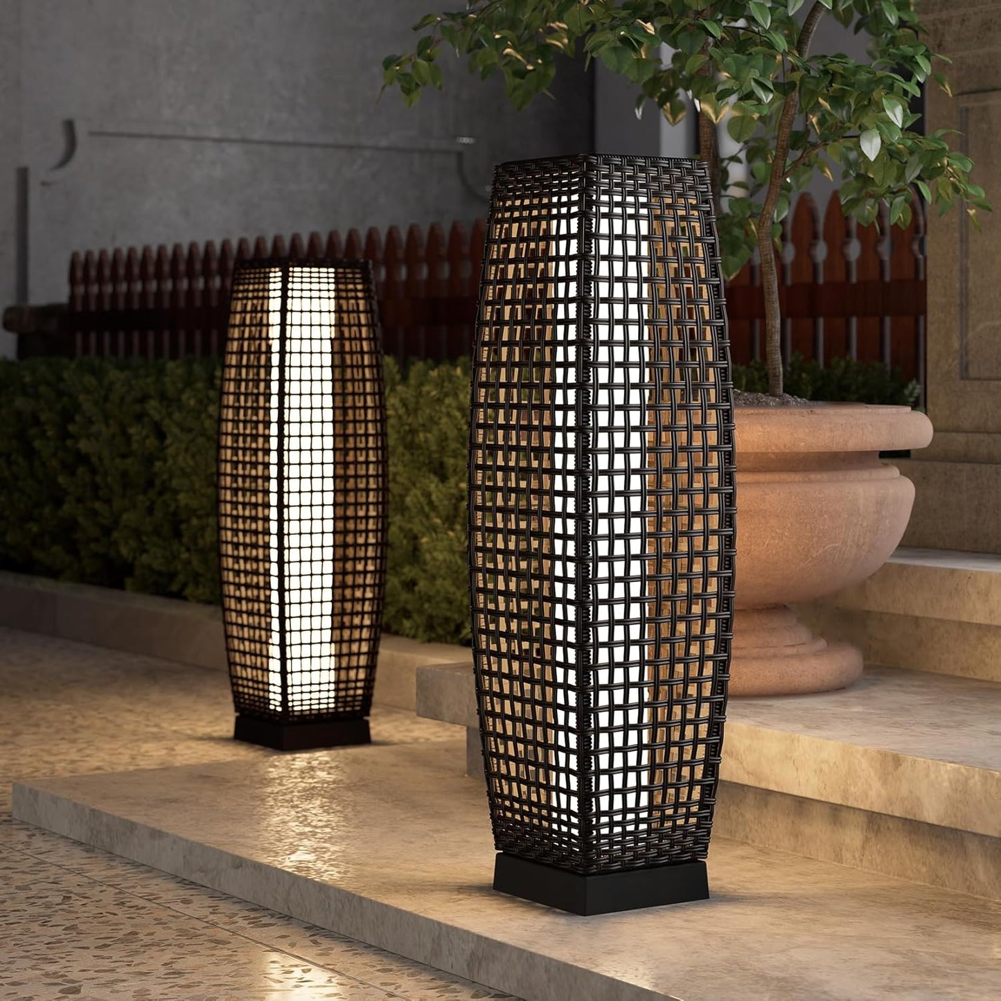 Grand patio 2-Piece Outdoor Solar-Powered Woven Wicker Lantern Floor Lamp Decoration for Deck Garden Lawn Porch - Medium Cindy, Silver Gray