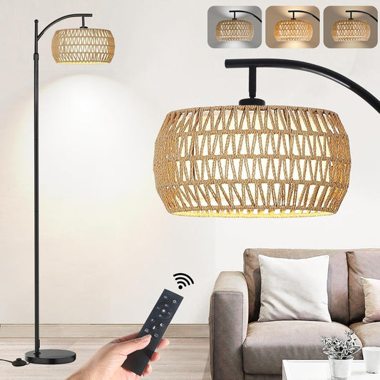 Arc Floor Lamp for Living Room,Farmhouse Floor Lamps with Remote Control & Dimmable Bulb, Boho Rattan Tall Standing Lamp for Bedroom Office