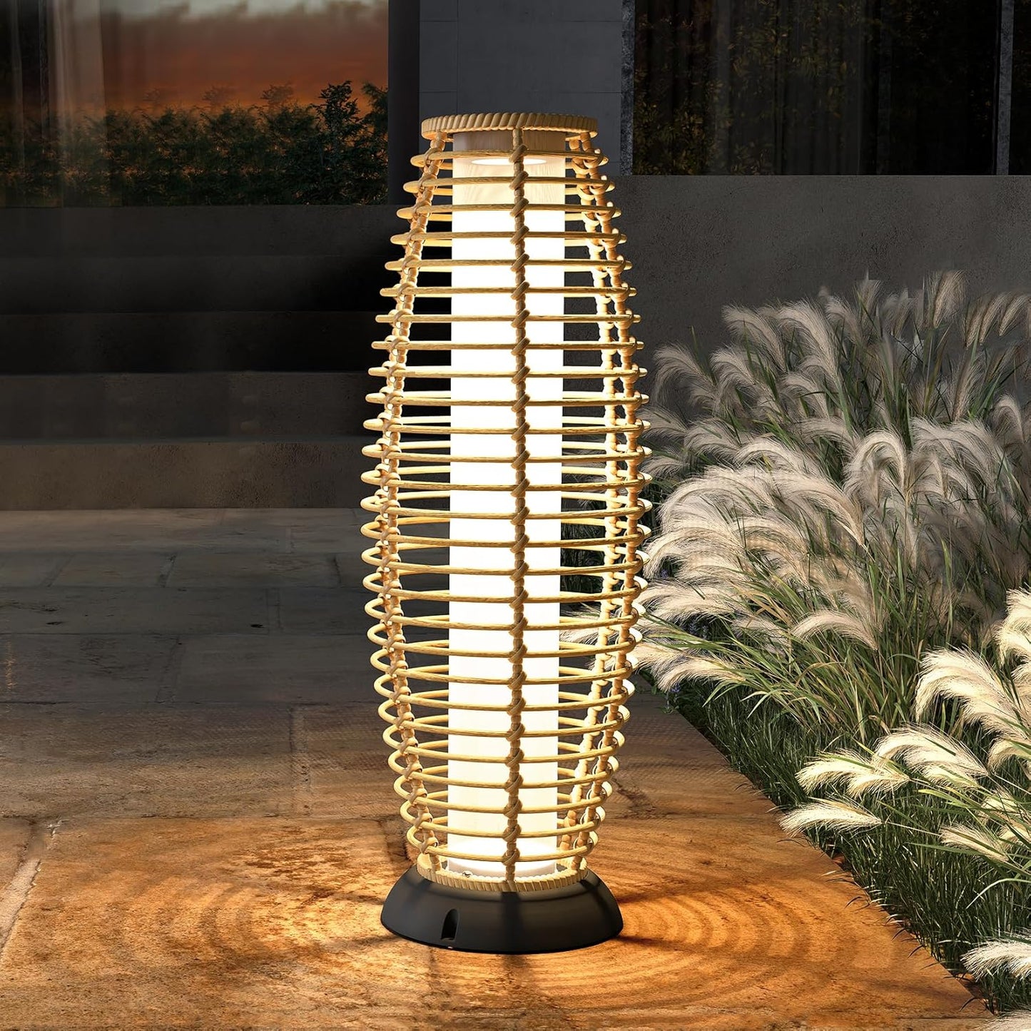Solar Yard Outdoor Solar Lamp Woven Wicker Boho Lantern Floor Lamp, Decoration for Garden, Deck, Yard, Pathway, Oslo
