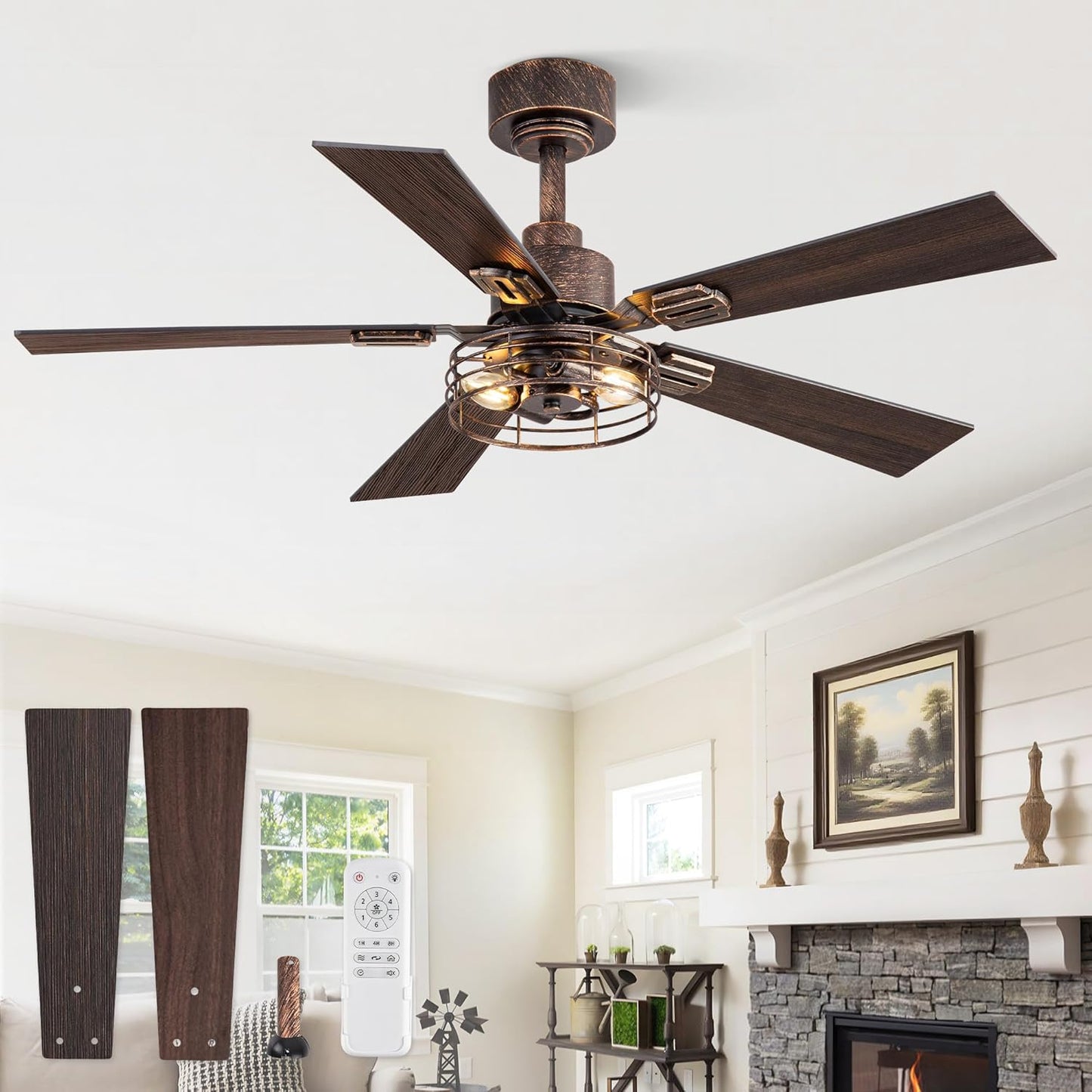 2 Pack Farmhouse 42 Ceiling Fans with Lights, Black Industrial Caged Ceiling Fans for Bedroom Living Room, Double-Sided 5 Blades Rustic Ceiling Fan
