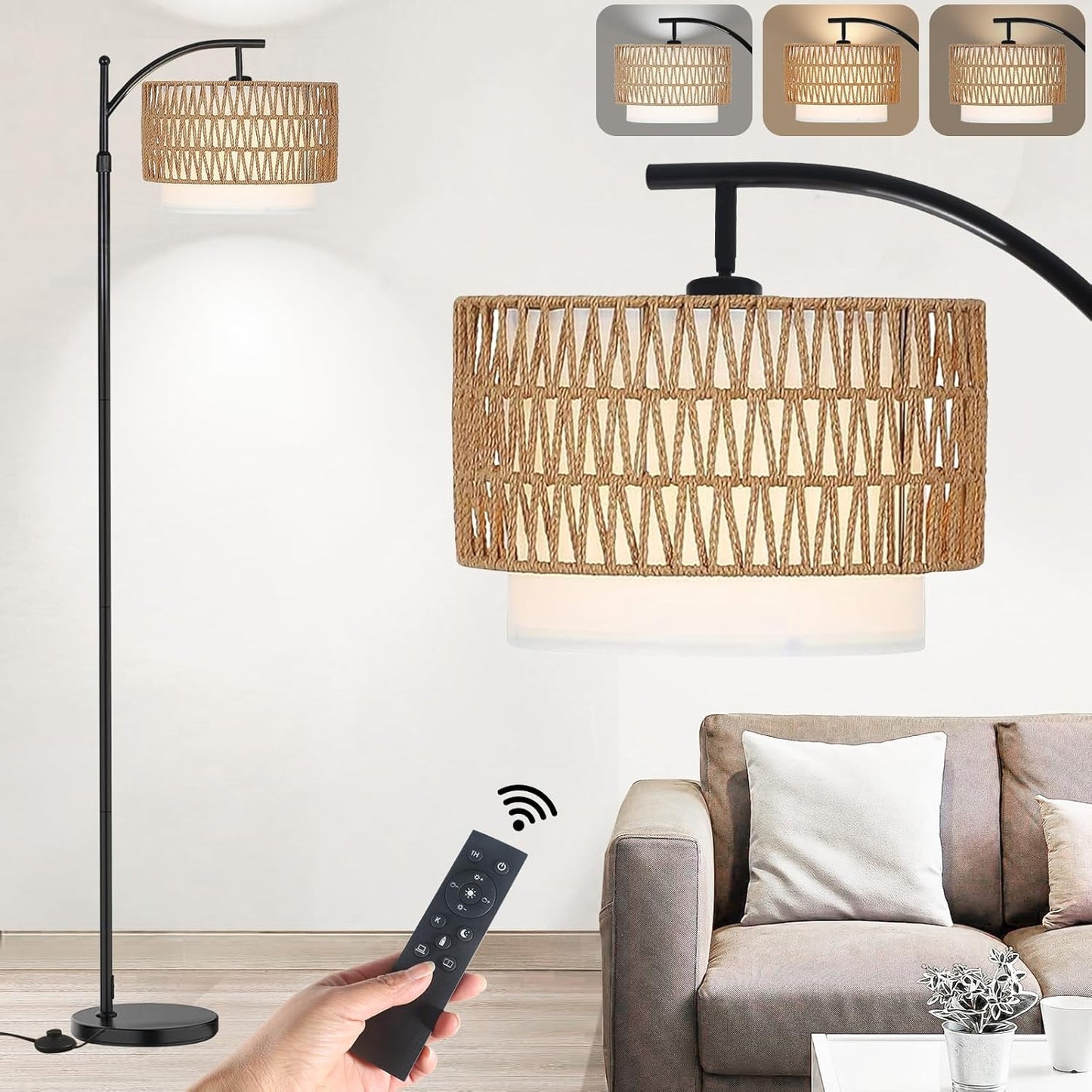 Arc Floor Lamp for Living Room,Farmhouse Floor Lamps with Remote Control & Dimmable Bulb, Boho Rattan Tall Standing Lamp for Bedroom Office