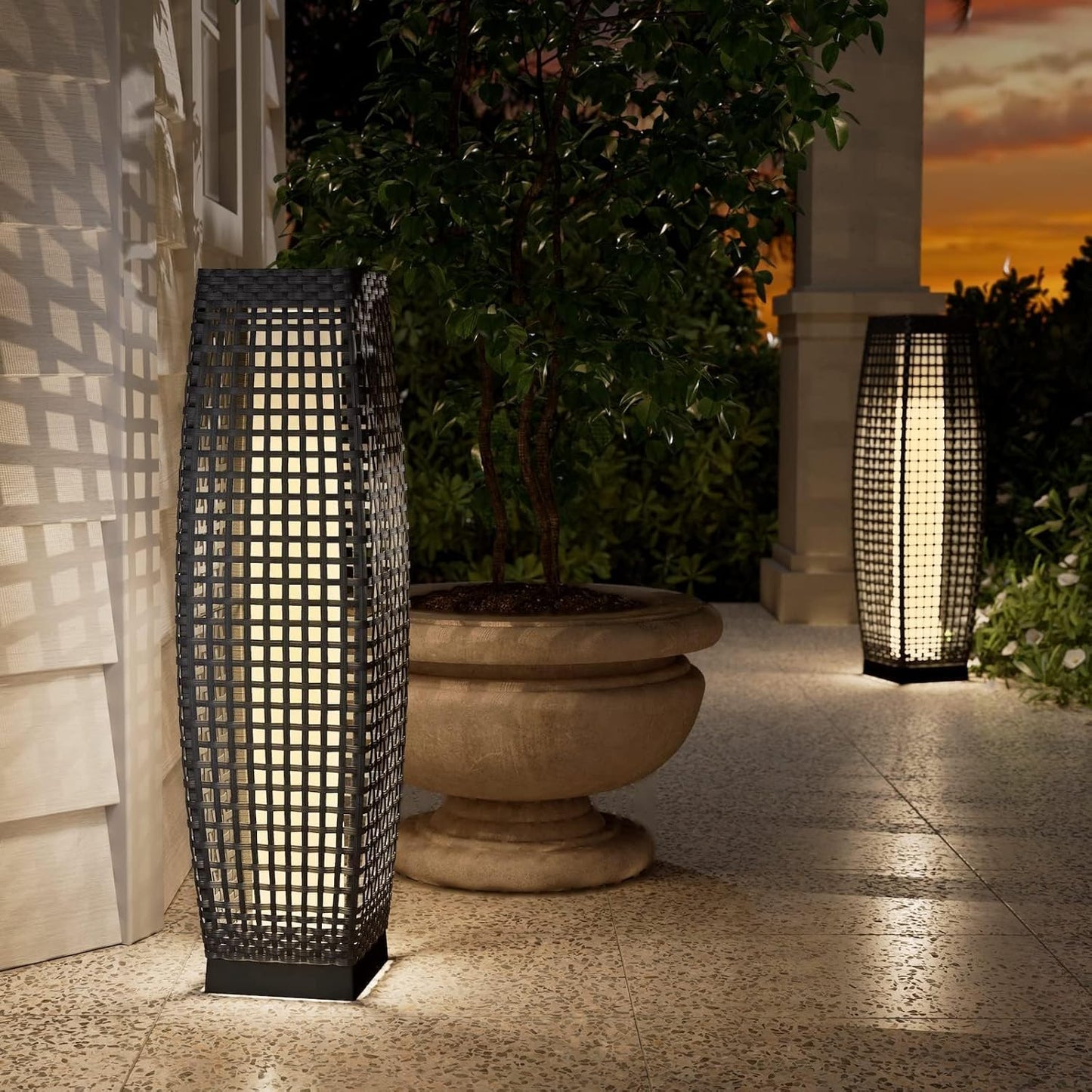 Grand patio 2-Piece Outdoor Solar-Powered Woven Wicker Lantern Floor Lamp Decoration for Deck Garden Lawn Porch - Medium Cindy, Silver Gray