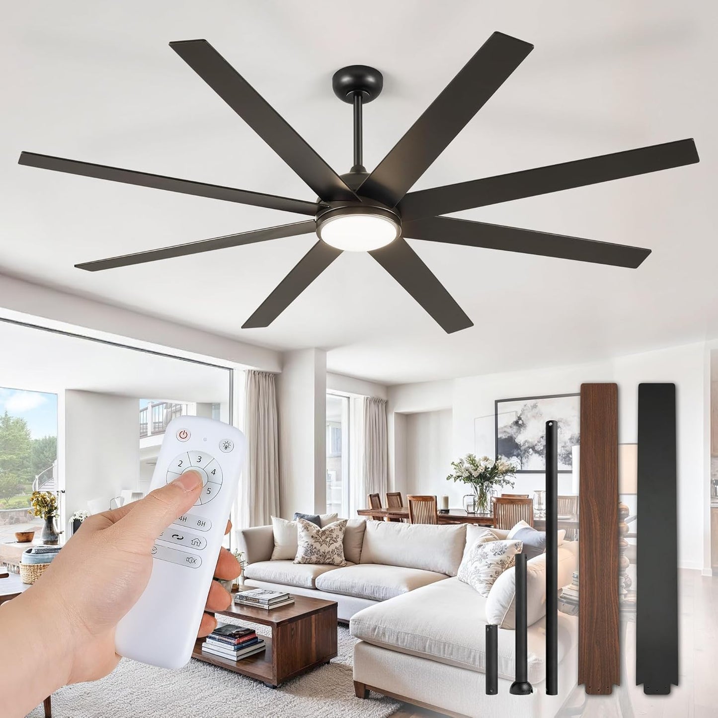 65 Inch Ceiling Fans with Lights and Remote, Black Indoor/Outdoor Ceiling Fan with Quiet Reversible DC Motor, 6 Speeds, 3CCT, 8 Blades Large Ceiling Fan for Living Room Bedroom Patio