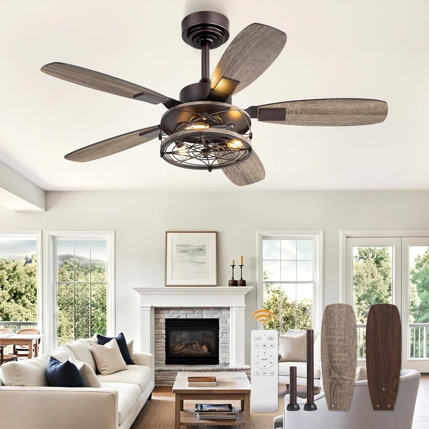 52 Inch Farmhouse Ceiling Fan with Light and Remote, Black Industrial Caged Flush Mount Ceiling Fans with 6 Speed Reversible Motor and Dual Finish 5 Blades, Rustic Ceiling Fan for Living room, Bedroom