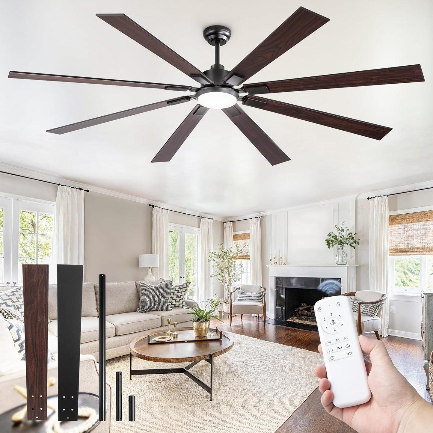 ZMISHIBO 72 inch Large Ceiling Fans with Lights and Remote, Indoor/Outdoor Black Modern Ceiling Fan for Kitchen Living Room Patio, 6 Speed Reversible Quiet DC Motor, 3 CCT, Dual Finish 8 Blades